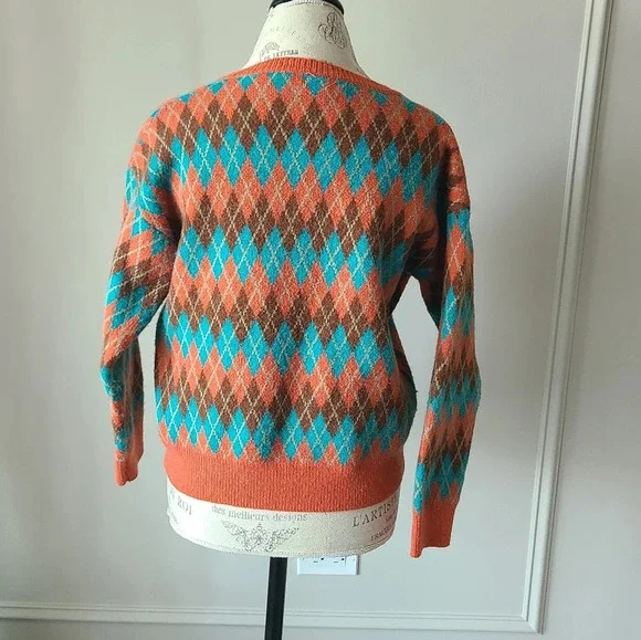 Pink diamond v-neck Argyle sweater womens sz.M - Picture 2 of 8